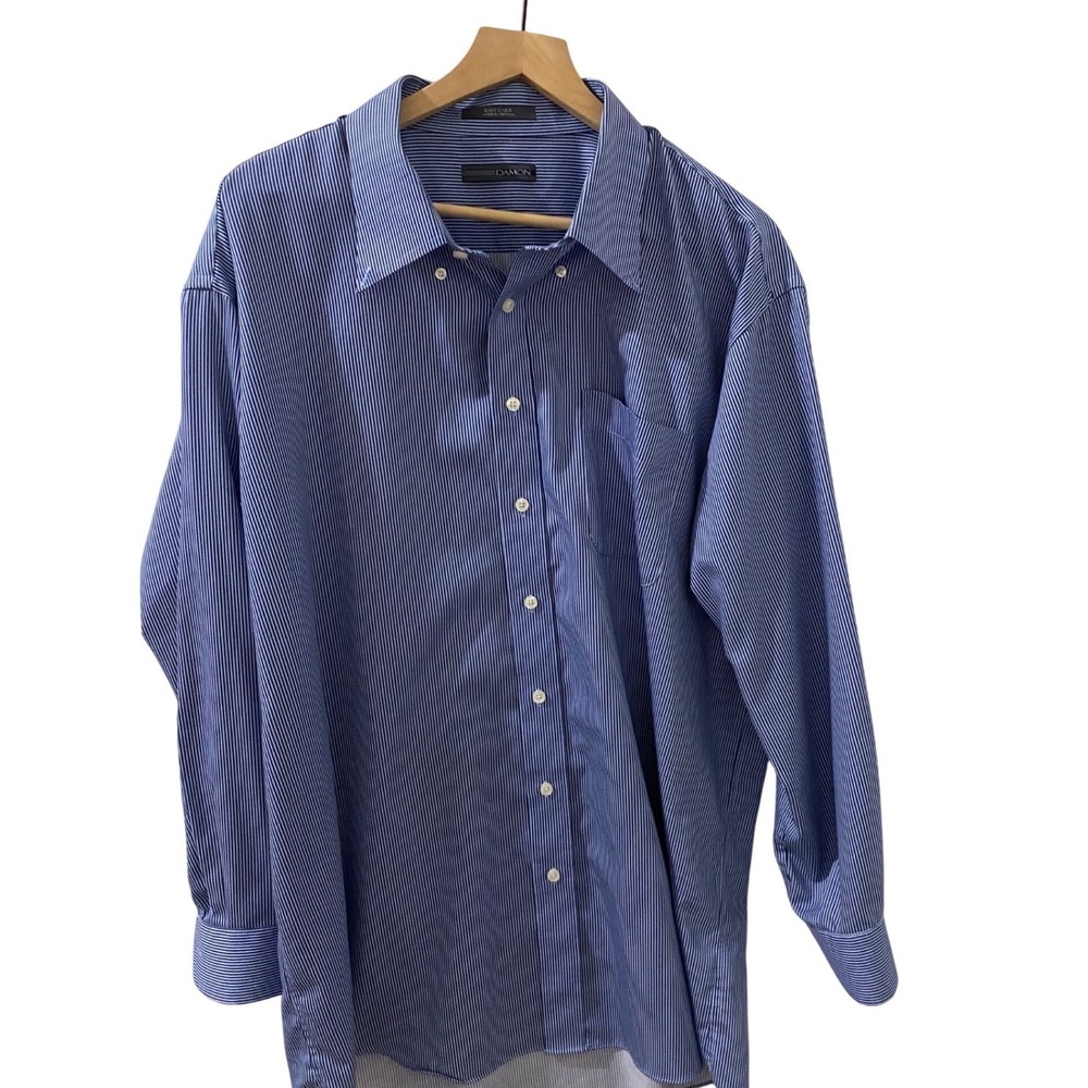Damon Shirt SZ Large Easy Care  Blue White Micro Stripe Button Down Long Sleeve